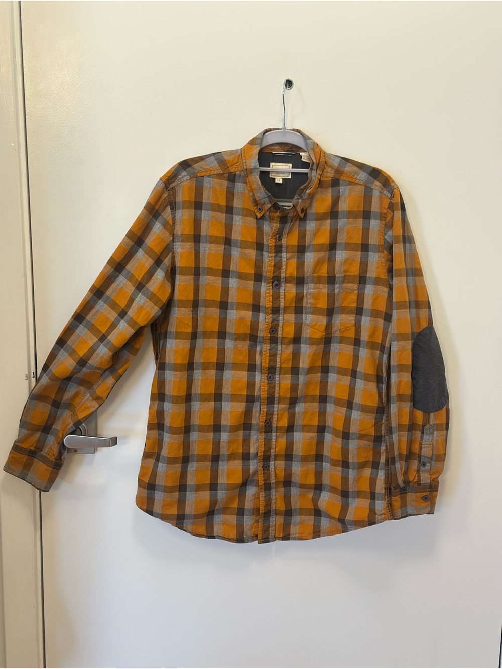 Haggar Orange/Gray Plaid Button-Down Shirt with Elbow Patch